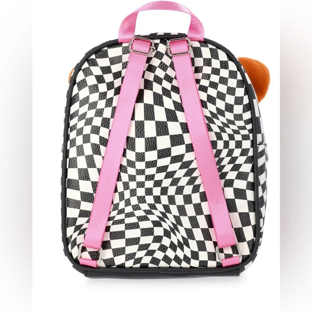 NWT Justice xNASCAR Girls Mini Racer Backpack Checkerboard Pink Multi Plush Ears
